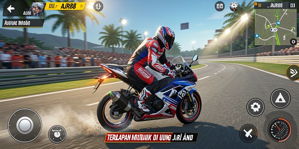 Tampilan gameplay balapan motor yang seru dan mendebarkan.