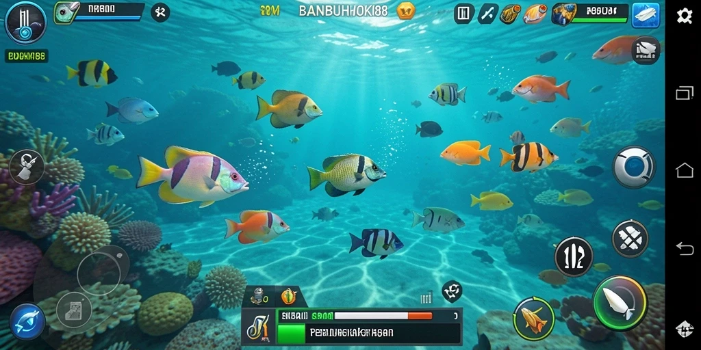 Tampilan gameplay seru di BANBUHOKI88 dengan ikan berwarna-warni.