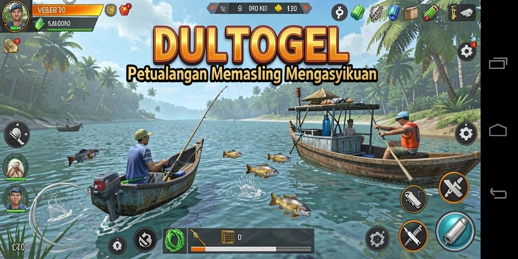 Screenshot gameplay DULTOGEL menunjukkan momen seru menangkap ikan di danau.