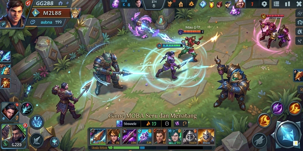 Screenshot gameplay GG288 menampilkan aksi seru dalam pertempuran MOBA.