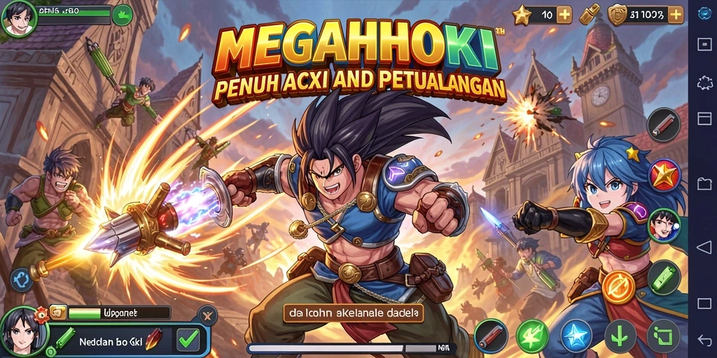 Tampilan utama gameplay MEGAHOKI dengan karakter Anime yang penuh warna.