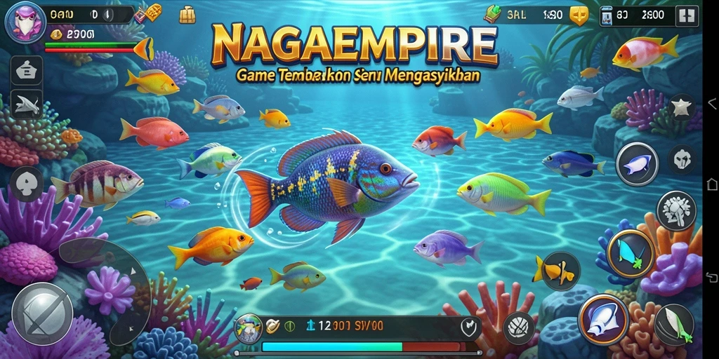 Tampilan gameplay seru NAGAEMPIRE dengan berbagai ikan yang siap ditangkap.