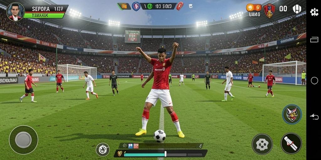 Screenshot V07 menampilkan aksi seru pemain dalam pertandingan sepak bola.